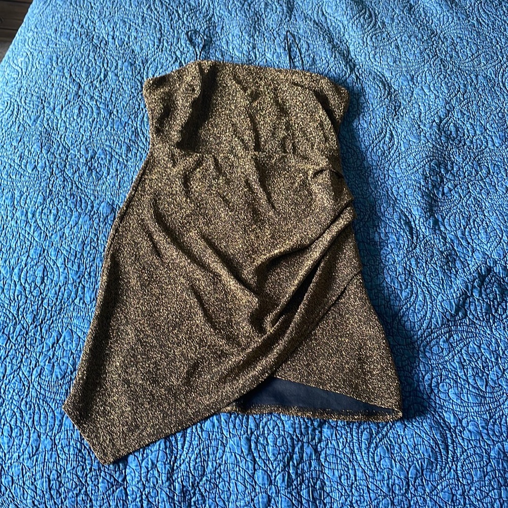 Gold mini asymmetrical cocktail dress size L fits like M!